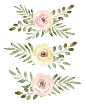 Watercolor floral arrangement pastel color illustration set isolated on white background. Wedding card decoration