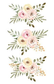 Watercolor floral arrangement pastel color illustration set isolated on white background. Wedding card decoration