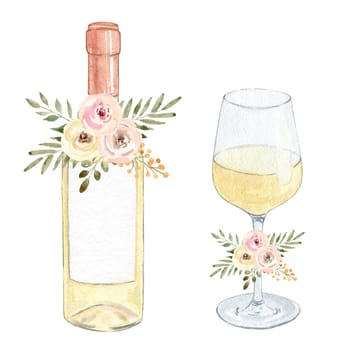 watercolor white wine glass and bottle with flowers isolated on white background
