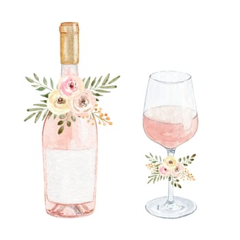 watercolor rose wine glass and bottle with flowers isolated on white background