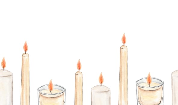 Watercolor burning candles seamless border illustration isolated on white background