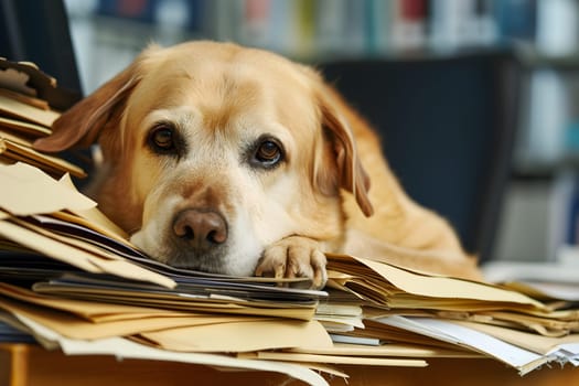 dog in an office, overwhelmed by a mountains of paperwork. Neural network generated in January 2024. Not based on any actual scene or pattern.