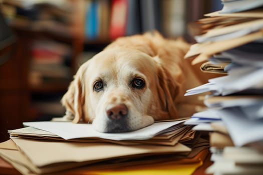 dog in an office, overwhelmed by a mountains of paperwork. Neural network generated in January 2024. Not based on any actual scene or pattern.