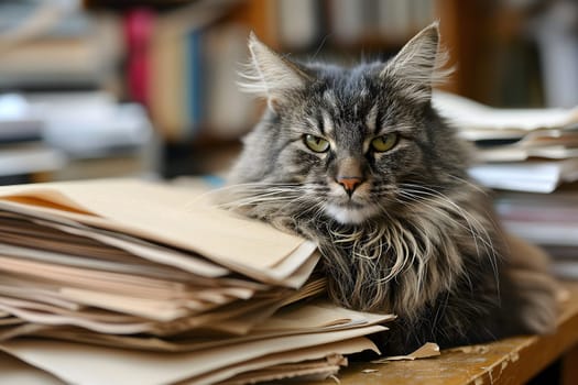 cat in an office, overwhelmed by a mountains of paperwork. Neural network generated in January 2024. Not based on any actual scene or pattern.