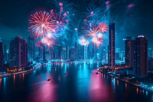 A spectacular image of fireworks illuminating the night sky over a city. Neural network generated in January 2024. Not based on any actual scene or pattern.