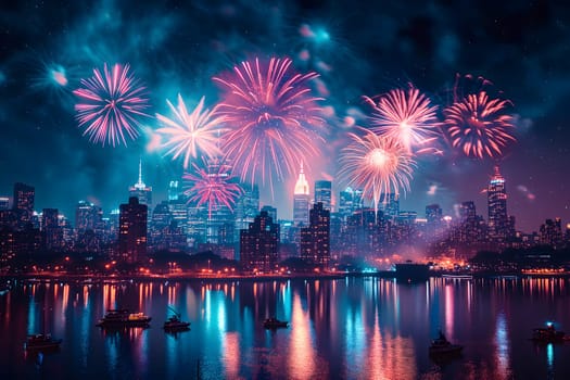 A spectacular image of fireworks illuminating the night sky over a city. Neural network generated in January 2024. Not based on any actual scene or pattern.