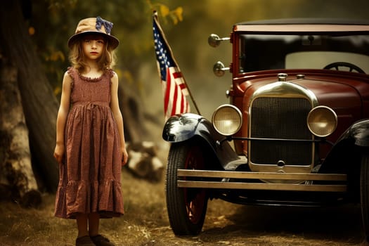 Retro American 1920 child girl. Old american car. Generate AI