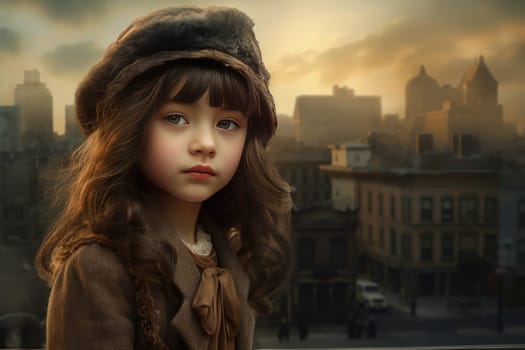American 1920 child girl. Old american town. Generate AI