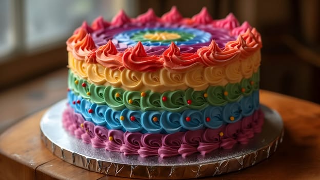 Rainbow LGBT flag colored cake on kitchen table. Neural network generated in January 2024. Not based on any actual scene or pattern.