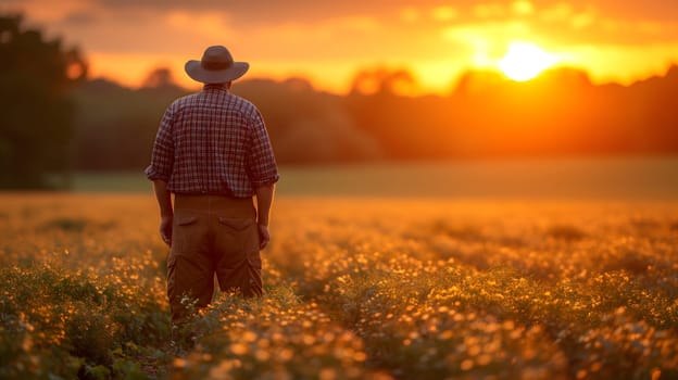 Farmer standing at the field at sunset or sunrise, rear view. Neural network generated in January 2024. Not based on any actual scene or pattern.