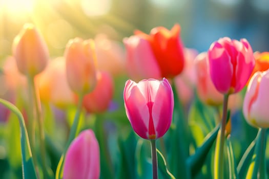 Beautiful Spring Nature background with tulip Flowers, selective focus. Vivid colors. Neural network generated in January 2024. Not based on any actual scene or pattern.