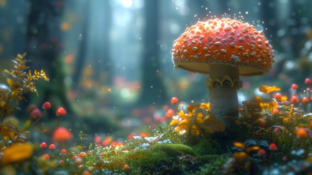 Magical mushroom in fantasy enchanted fairy tale forest. Neural network generated in January 2024. Not based on any actual scene or pattern.