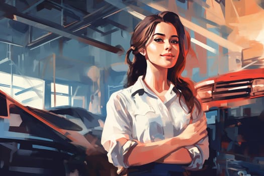 Engineer woman car assembly shop. Vehicle mechanic. Generate AI