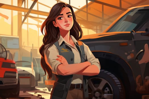 Engineer woman car assembly shop. Vehicle mechanic. Generate AI
