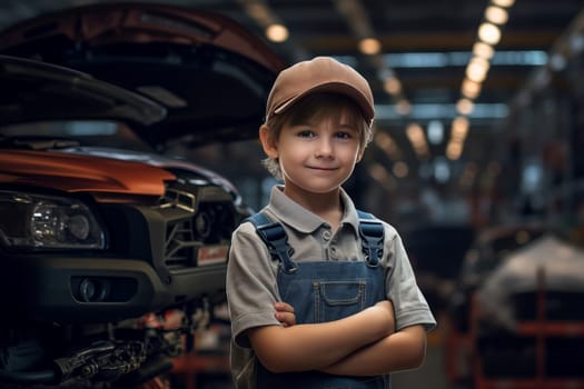 Curious Engineer child boy car assembly shop. Steel vehicle. Generate AI