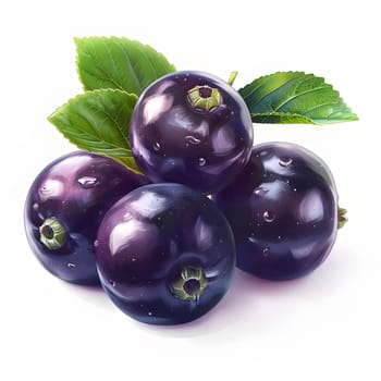 A bunch of purple black currants with green leaves, a delicious fruit rich in antioxidants, natural foods, and a staple food. Perfect for desserts or as a snack on a white tableware background