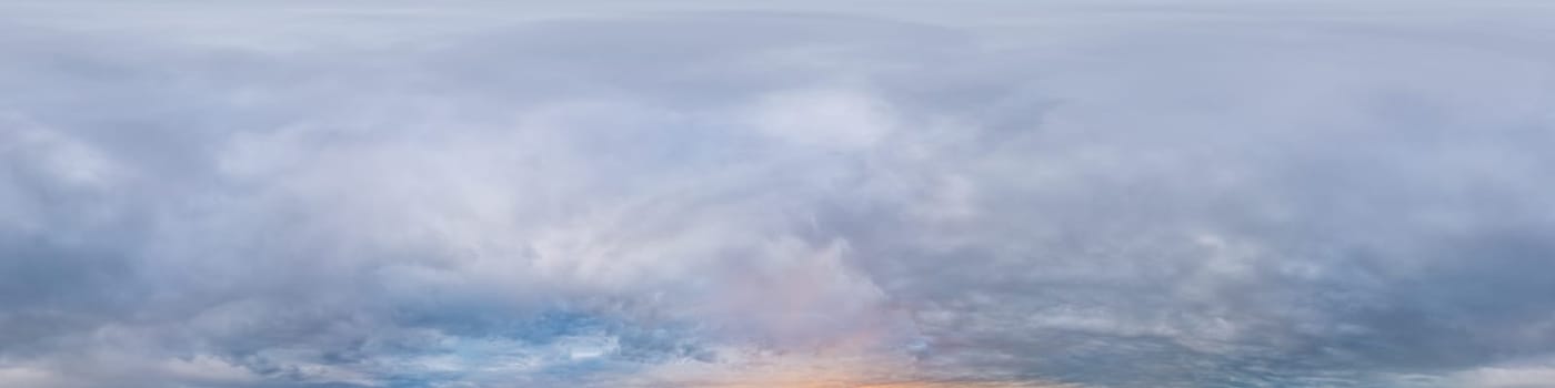 Dramatic overcast sky panorama with dark gloomy Cumulonimbus clouds. HDR 360 seamless spherical panorama. Sky dome in 3D, sky replacement for aerial drone panoramas. Weather and climate change