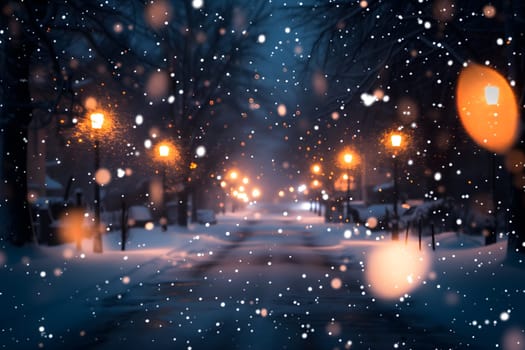 Snowfall at night city street illuminated with yellow lamp posts.. Neural network generated in January 2024. Not based on any actual scene or pattern.