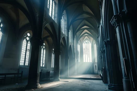 Dark gothic abandoned ancient chapel hall interior with tall windows and columns, foggy and empty. Neural network generated in January 2024. Not based on any actual scene or pattern.