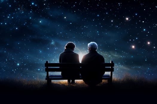 Grandparents sitting on bench. Night stars sky. Generate Ai