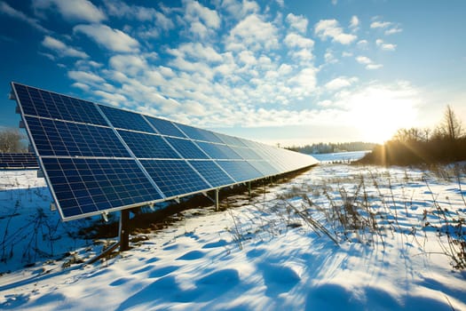 Photovoltaic solar panels in the field at sunny winter day. Neural network generated in January 2024. Not based on any actual scene or pattern.