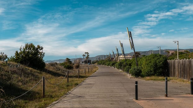 Wooden pathway leading through coastal landscape, bordered by natural vegetation and clear skies.