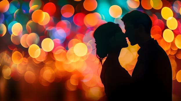 Silhouette of a couple with a colorful bokeh background. Neural network generated image. Not based on any actual person or scene.