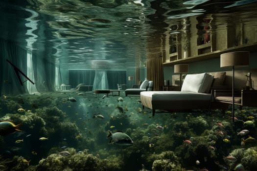 Submerged Hotel under water building. Split luxury. Generate Ai