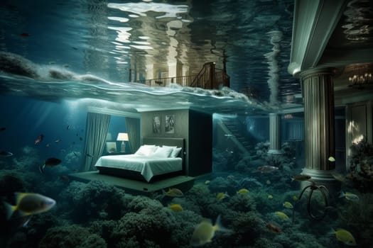 Surreal Hotel under water building. Split luxury. Generate Ai