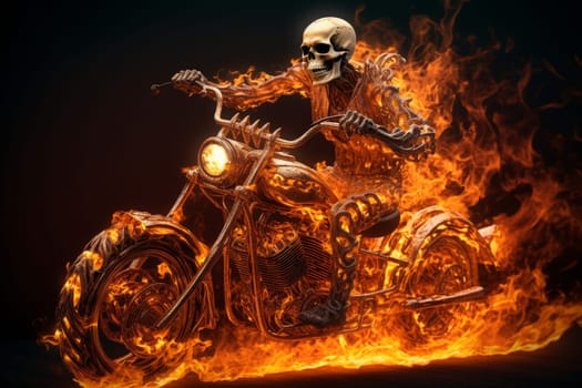 Unusual Human skeleton riding on fire motorbike. Speed race. Generate Ai
