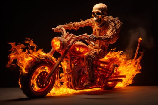 Bone-chilling Human skeleton riding on fire motorbike. Speed race. Generate Ai