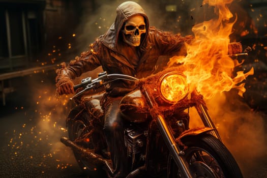 Fearless Human skeleton riding on fire motorbike. Speed race. Generate Ai