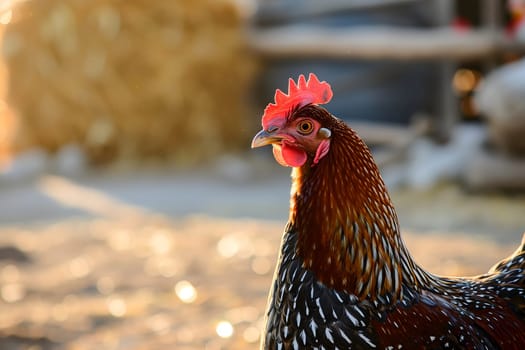 Portrait of hen on the chicken farm, closeup with bokeh. Neural network generated image. Not based on any actual person or scene.