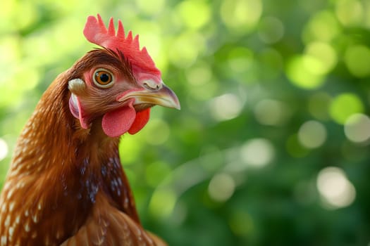 Portrait of hen on the chicken farm, closeup with bokeh. Neural network generated image. Not based on any actual person or scene.