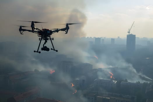 Copter drone over city with smoke. Neural network generated image. Not based on any actual scene or pattern.