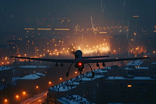 Plane drone over burning city at winter night. Neural network generated image. Not based on any actual scene or pattern.