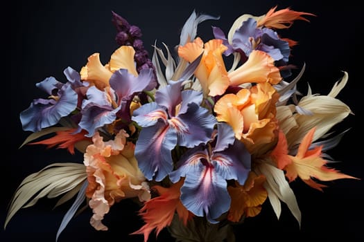 Luxurious Iris bouquet wedding. Glass lavender. Generate Ai