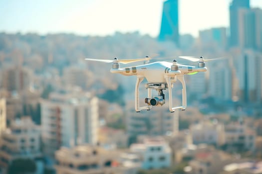 Flying drone above the city at sunny summer day. Neural network generated image. Not based on any actual scene or pattern.