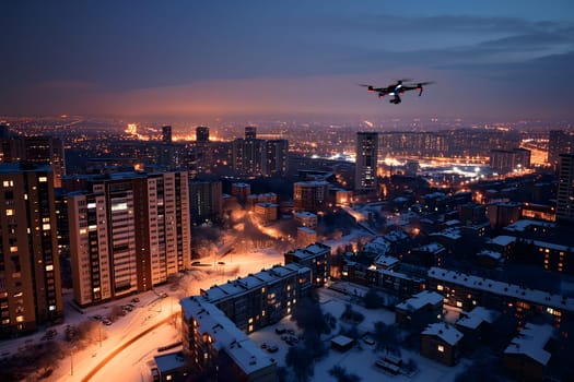 Flying drone above the city at snowy winter night. Neural network generated image. Not based on any actual scene or pattern.