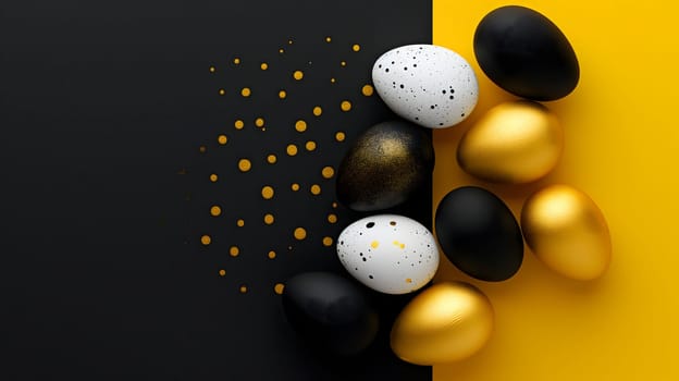 Golden, black, white Easter eggs on a yellow-black background. geometry. Minimal concept. View from above. Neural network generated image. Not based on any actual scene or pattern.