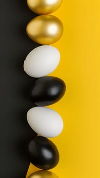 Golden, black, white Easter eggs on a yellow-black background. geometry. Minimal concept. View from above. Neural network generated image. Not based on any actual scene or pattern.