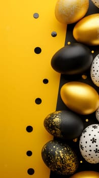 Golden, black, white Easter eggs on a yellow-black background. geometry. Minimal concept. View from above. Neural network generated image. Not based on any actual scene or pattern.