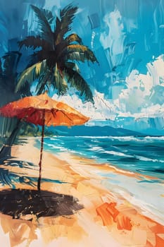 A picturesque natural landscape painting depicting a serene beach scene with a lone palm tree, umbrella, azure sky, and calm waters