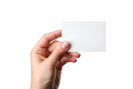 Woman Hand holding blank business card on white background. Neural network generated image. Not based on any actual scene or pattern.