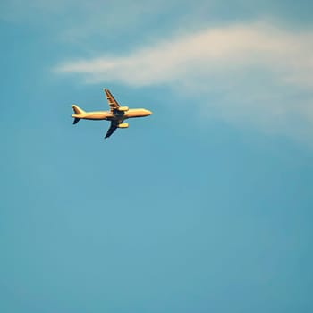 Commercial plane in the blue sky at sunset.
Concept for travel and vacation by air transportation.