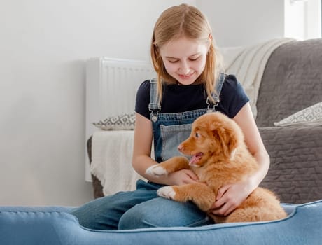 Small Girl With Toller Puppy Sits In Blue Dog Bed, Nova Scotia Duck Tolling Retriever