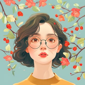 A woman with glasses and a yellow shirt has a face adorned with flowers. The plants provide a colorful contrast to her hair, cheeks, lips, and head