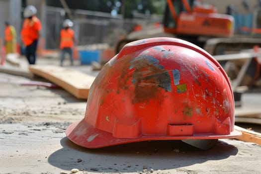 Old orange hard hat at construction site. Neural network generated image. Not based on any actual scene or pattern.