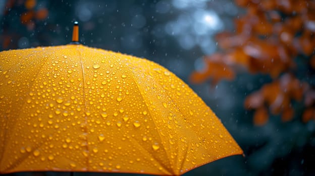 Close up, yellow umbrella under rainfall against a background of autumn leaves. Concept of rainy weather. Neural network generated image. Not based on any actual scene or pattern.