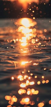 Sunset bokeh on water: golden sky over a body of water, with the light reflecting and creating a bokeh effect.. Neural network generated image. Not based on any actual scene or pattern.